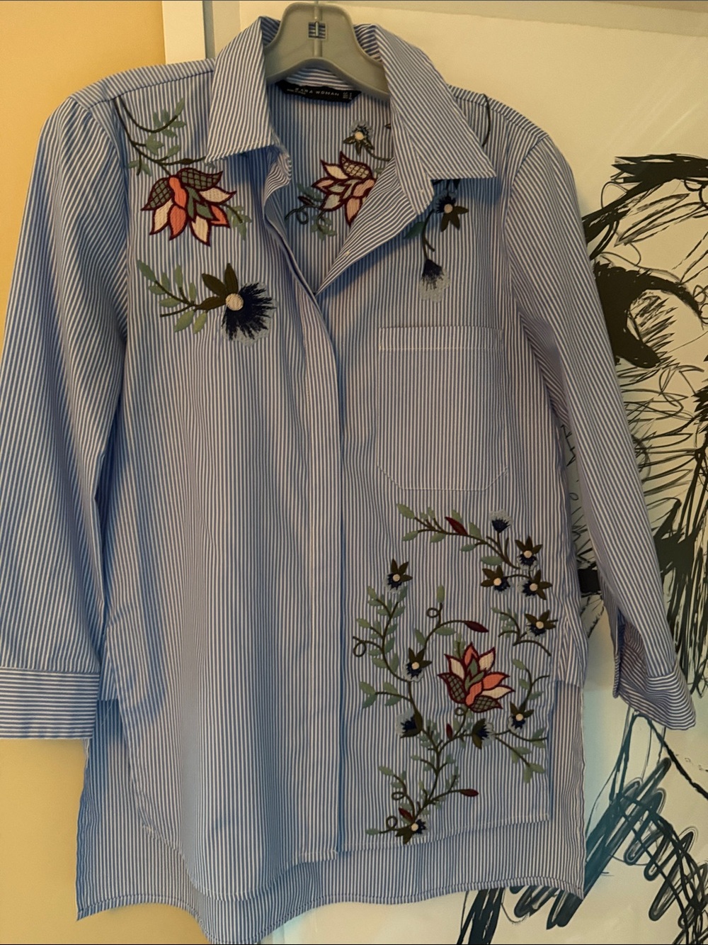 Zara Light Blue and White Striped Button-Down Shirt with Floral Embroidery